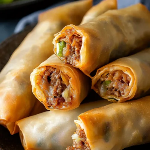 Close-up of crunchy rolled appetizers with a savory meat and cheese filling.