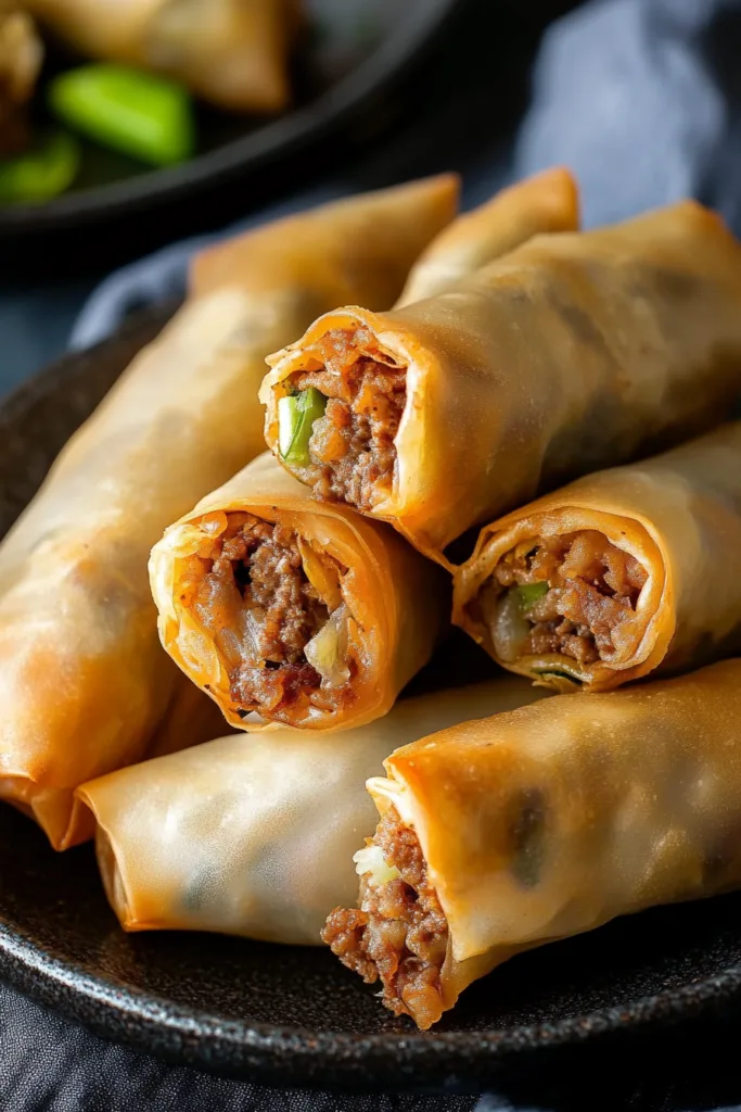 Close-up of crunchy rolled appetizers with a savory meat and cheese filling.