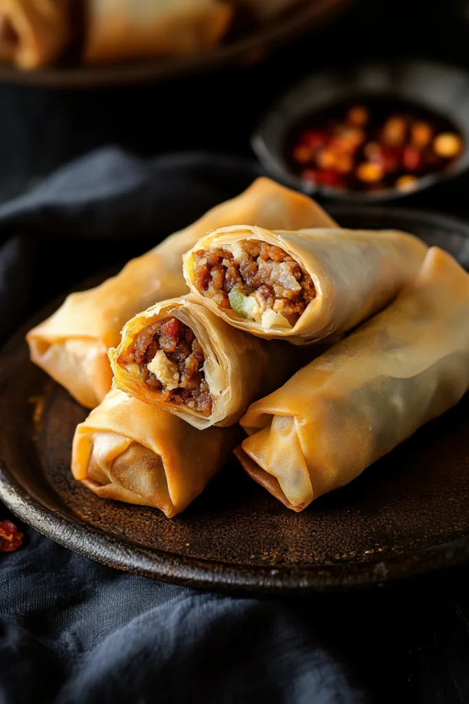 Homemade fried rolls with melted cheese and beef inside, served as an appetizer.