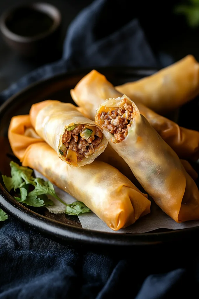 Final plated shot of crispy beef-filled spring rolls with a golden brown wrapper.