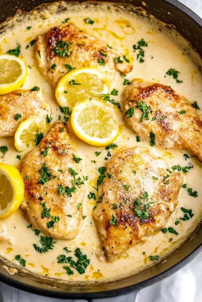 Skillet of tender chicken in a rich lemon butter sauce, garnished with sliced lemons.