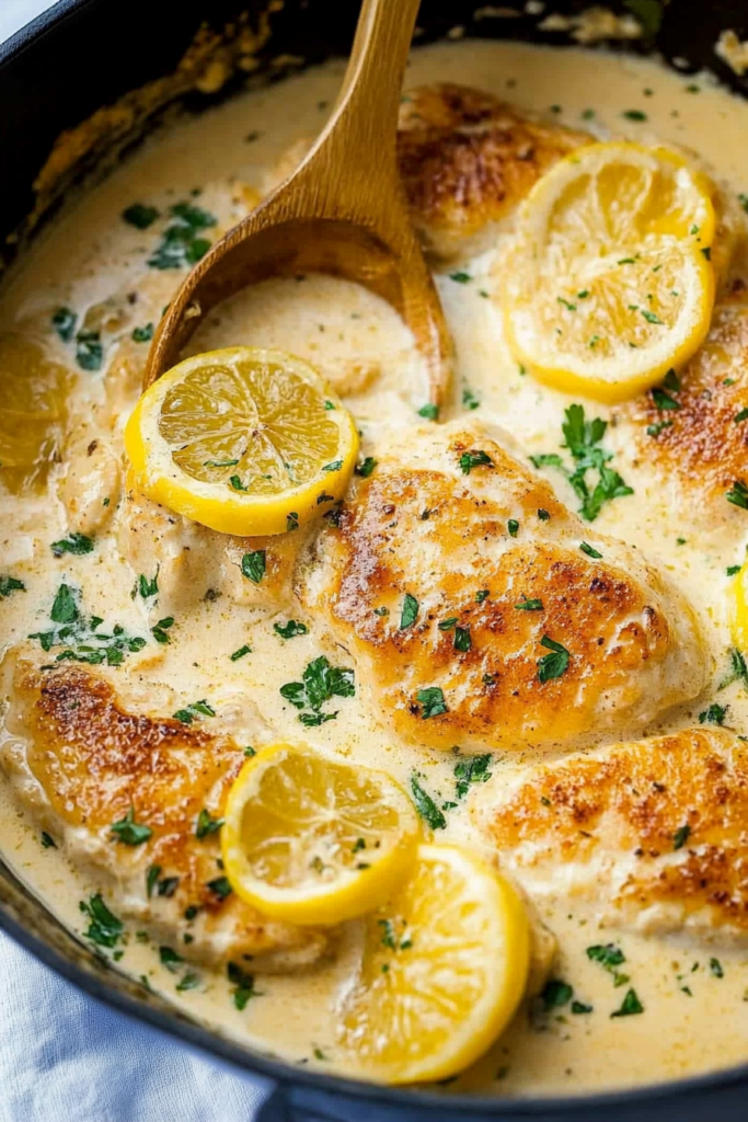 Close-up of browned chicken pieces in a smooth, velvety sauce with herbs.