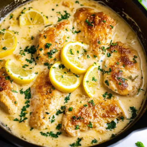 Golden pan-seared chicken cutlets simmered in a creamy lemon sauce with fresh parsley.