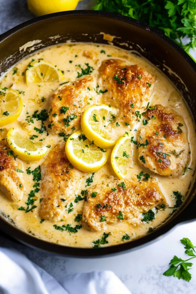 Golden pan-seared chicken cutlets simmered in a creamy lemon sauce with fresh parsley.