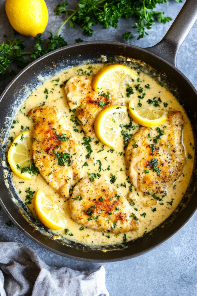 Juicy chicken cutlets coated in sauce with fresh lemon slices and chopped parsley.