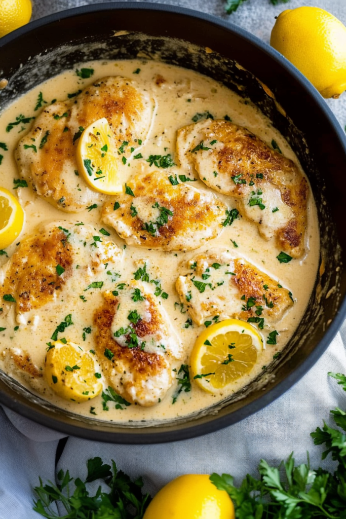 Finished chicken dish cooked in a lemony cream sauce, served straight from the pan.