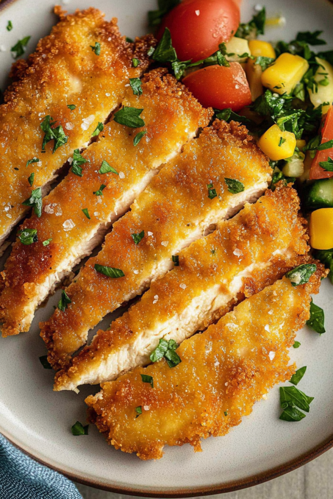 Close-up of breaded chicken sliced into strips with a crisp exterior.