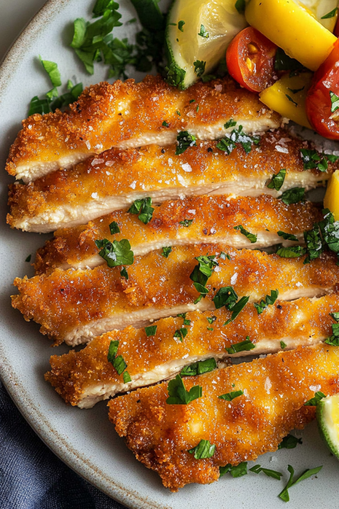 Crispy breaded chicken cutlets sliced and served on a plate with fresh salad.