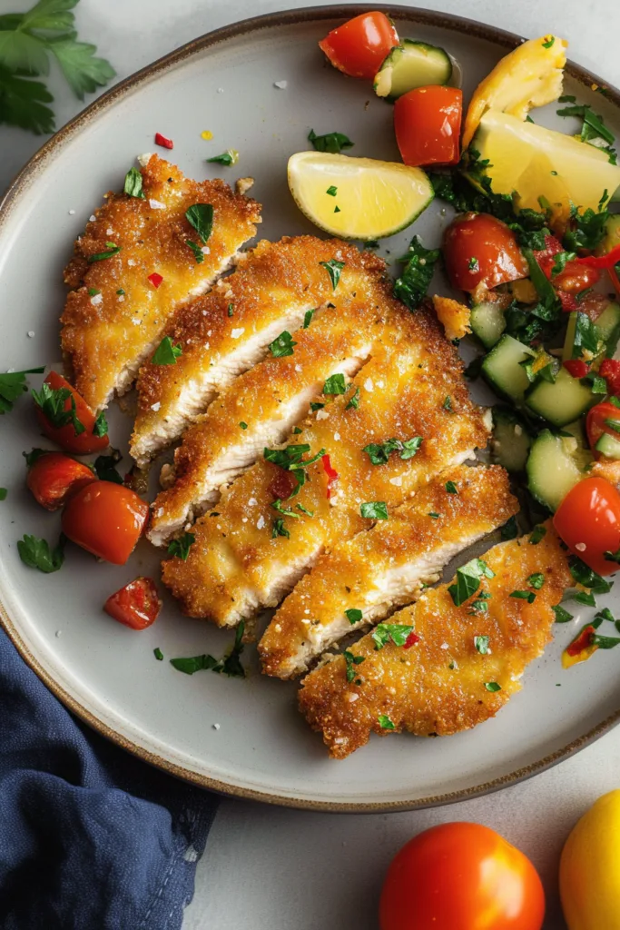 Plated breaded chicken served alongside tomatoes and fresh vegetables.