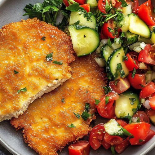 Golden fried chicken cutlet with a crunchy coating and herb garnish.