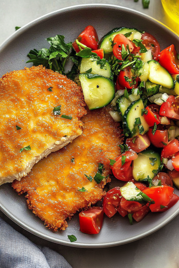 Golden fried chicken cutlet with a crunchy coating and herb garnish.