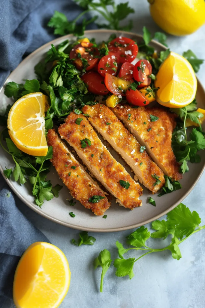 Juicy chicken cutlet with a golden crust ready to serve.