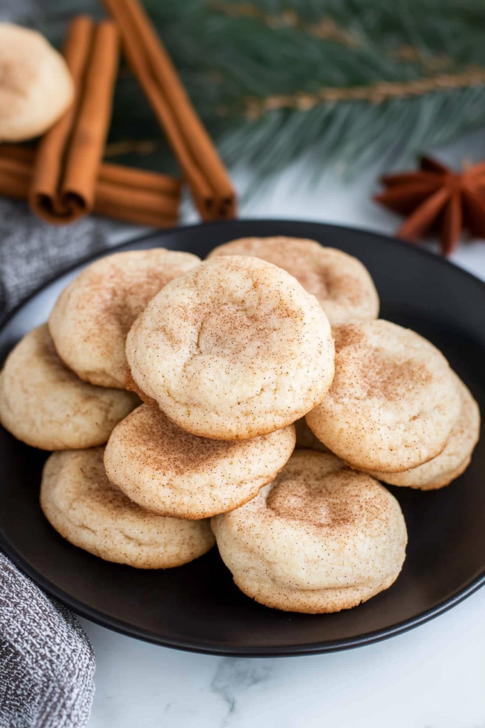 Stack of golden cookies coated in cinnamon sugar, with one showing a soft bite inside.