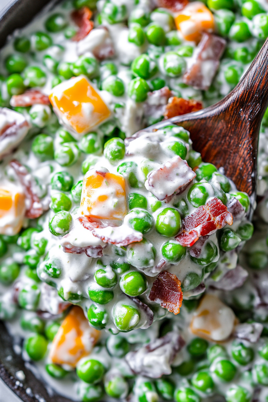 Close-up of bright green peas mixed with cheddar cubes and bacon in a creamy dressing.