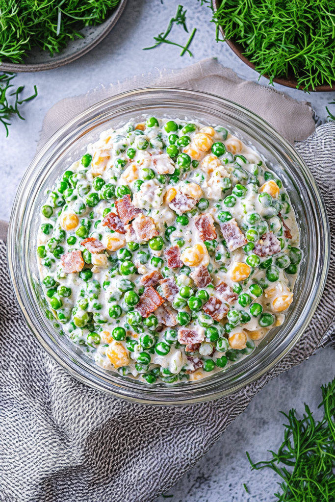 Overhead view of a chilled salad served in a dark bowl with fresh dill sprigs nearby.