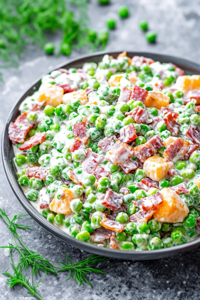 Classic Creamy Pea Salad topped with bacon crumbles and cheese, ready to serve.