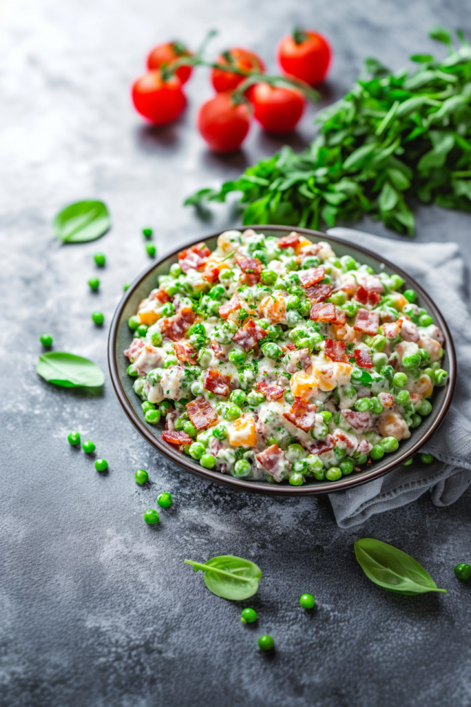 Side dish presentation of the pea salad on a textured gray surface with scattered peas.