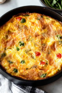 Freshly baked egg dish with a puffed center and crisp edges resting in a black skillet.