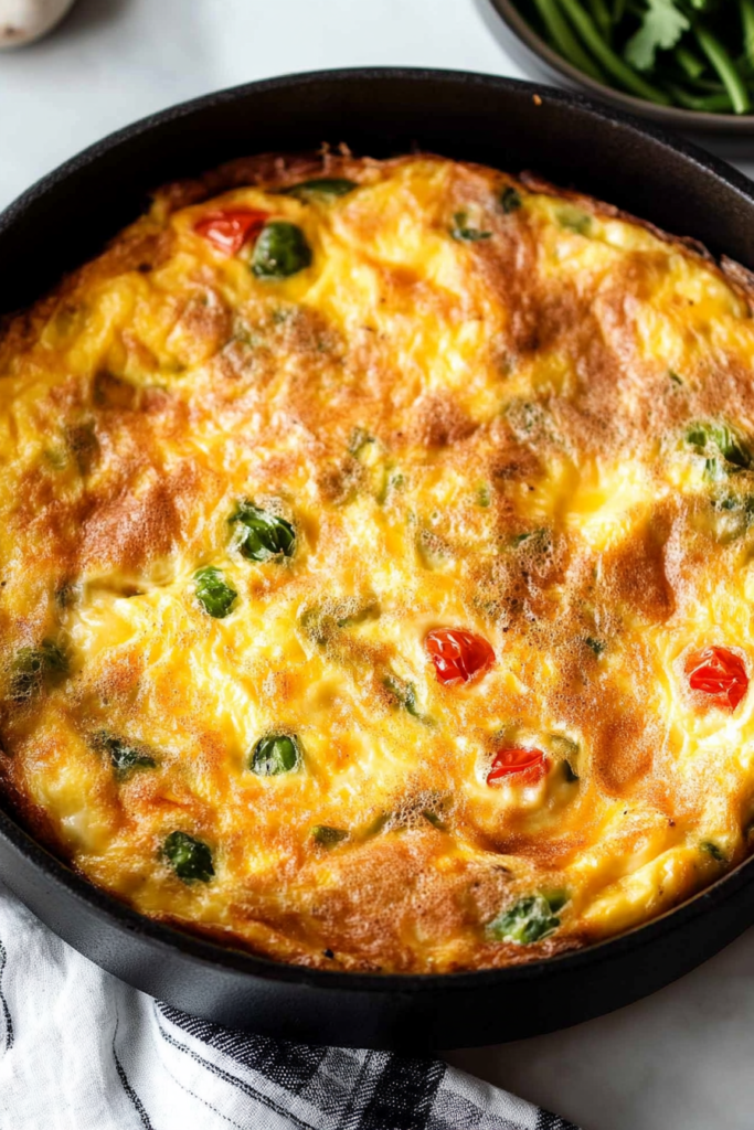 Freshly baked egg dish with a puffed center and crisp edges resting in a black skillet.
