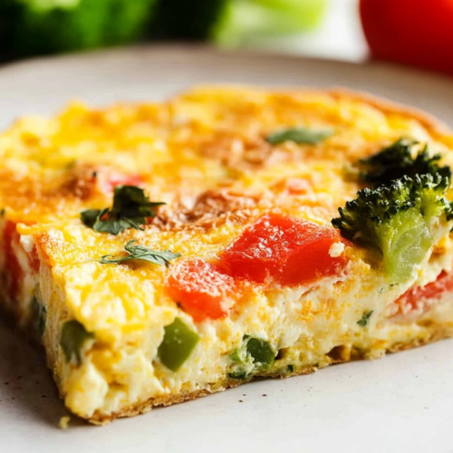Close-up of a cheesy baked egg dish dotted with green herbs and roasted tomato pieces.