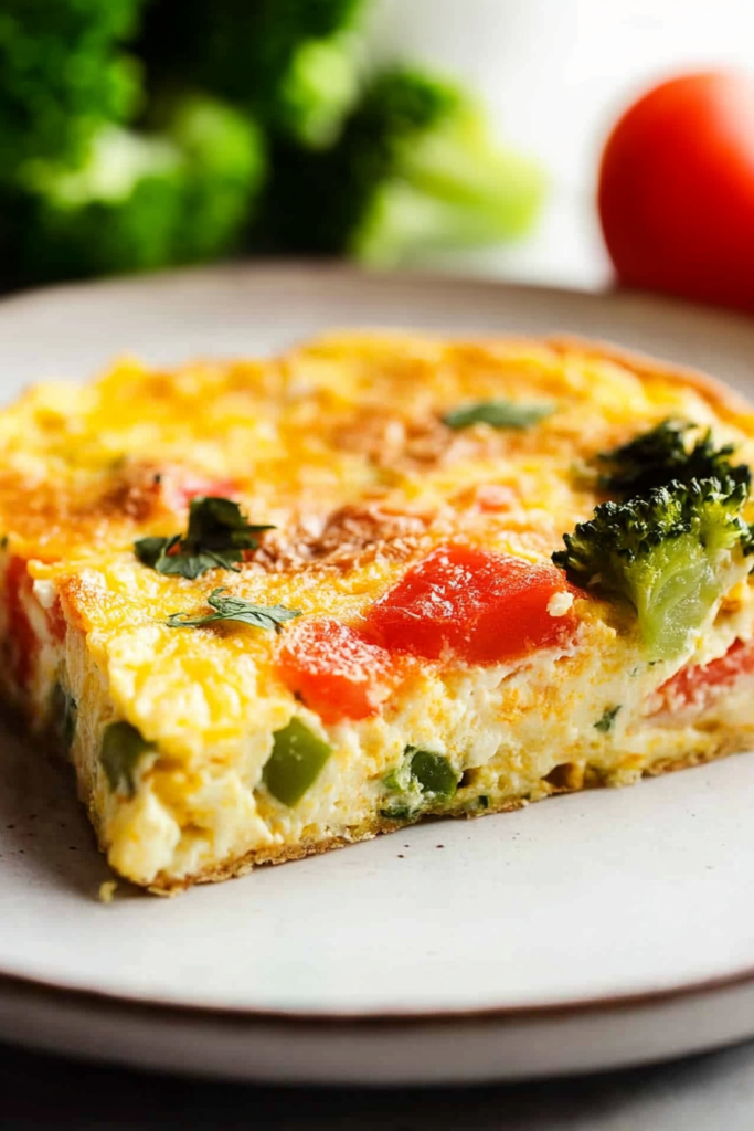 Close-up of a cheesy baked egg dish dotted with green herbs and roasted tomato pieces.