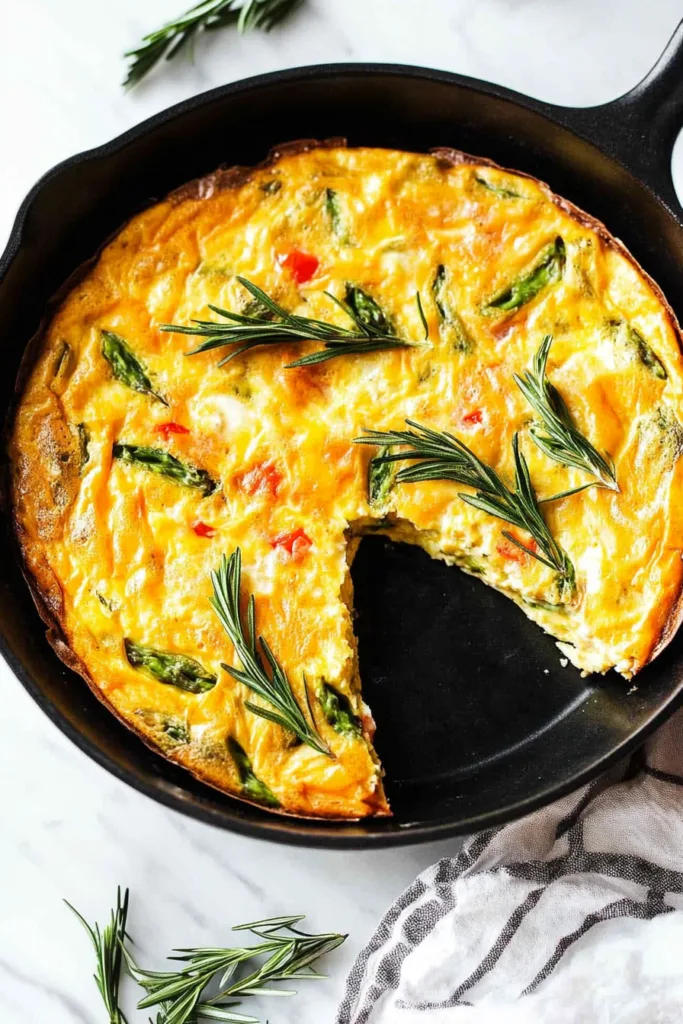 Overhead view of a fluffy oven-baked egg dish with lightly browned edges and colorful vegetable pieces.