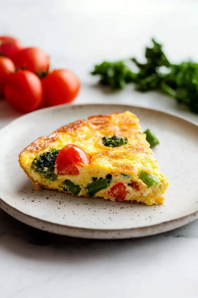 A golden baked egg dish in a cast-iron skillet with melted cheese, green vegetables, and cherry tomatoes.