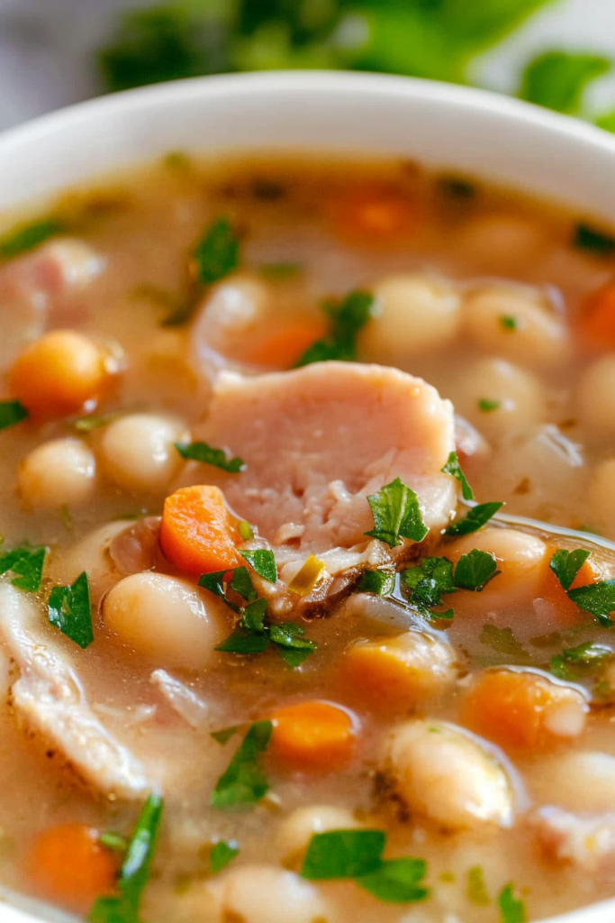 Close-up of tender ham chunks and white beans in a clear broth with carrots and celery.