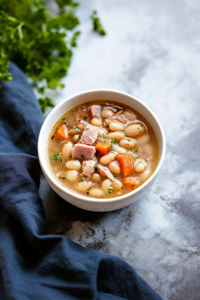 A rustic ceramic bowl filled with steaming bean soup, garnished with fresh parsley.