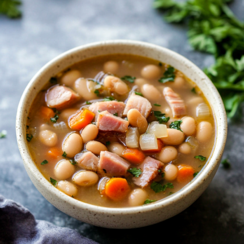 Classic ham and bean soup presented on a wooden table with fresh herbs in the background.