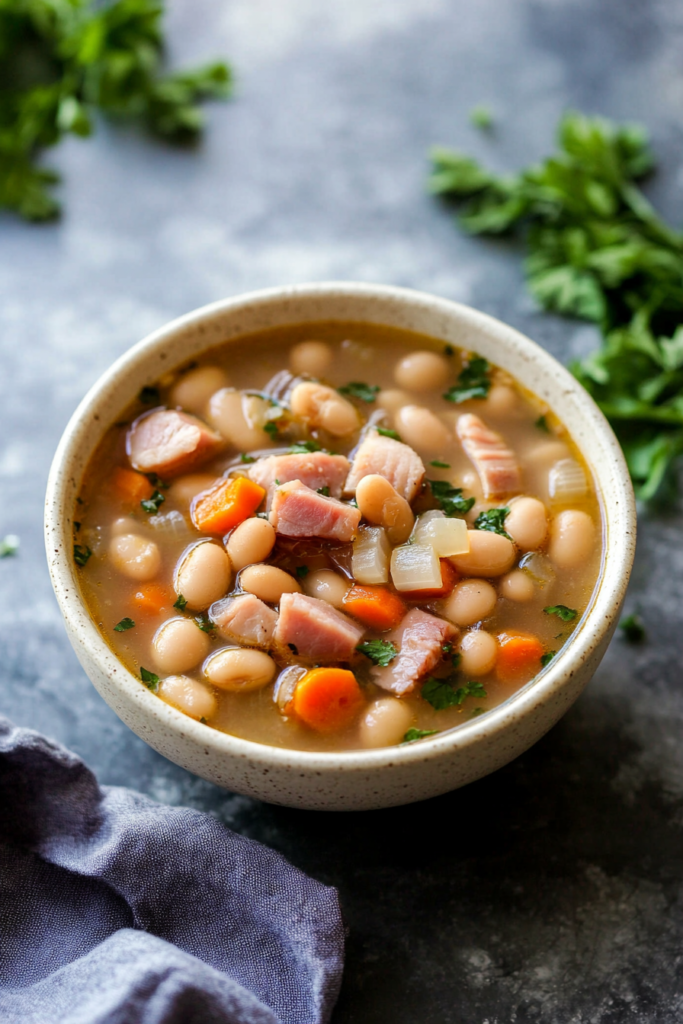 Classic ham and bean soup presented on a wooden table with fresh herbs in the background.