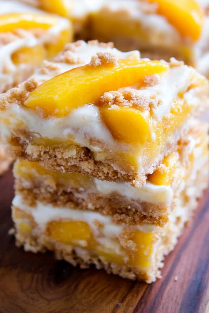Stacked peach dessert bars showing a golden crumble top and smooth cream layer in the center.
