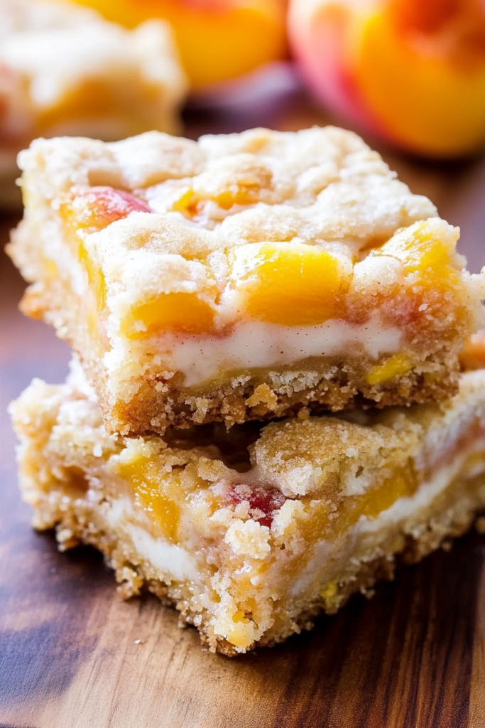 Freshly baked dessert bars with tender peach filling and a crumbly shortbread-style crust.
