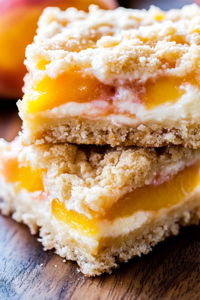A close-up of layered dessert bars with a buttery crumb crust, creamy filling, and soft peach topping.
