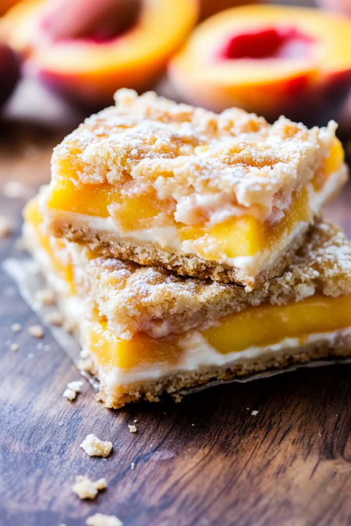 Side view of creamy fruit bars with visible layers of peaches, cream, and a soft baked base.