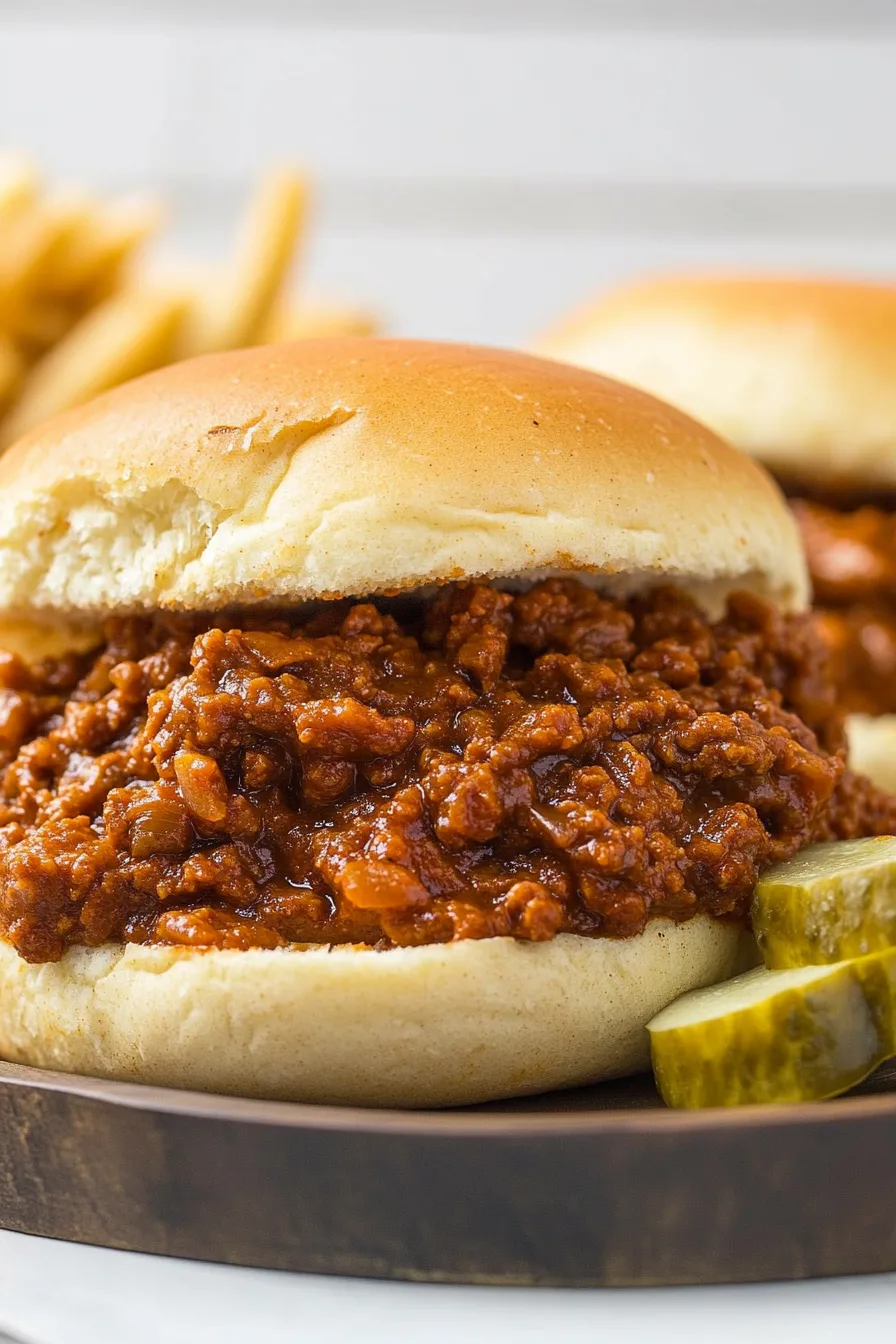 Casual meal setting with a Sloppy Joe sandwich and garnishes in the background.