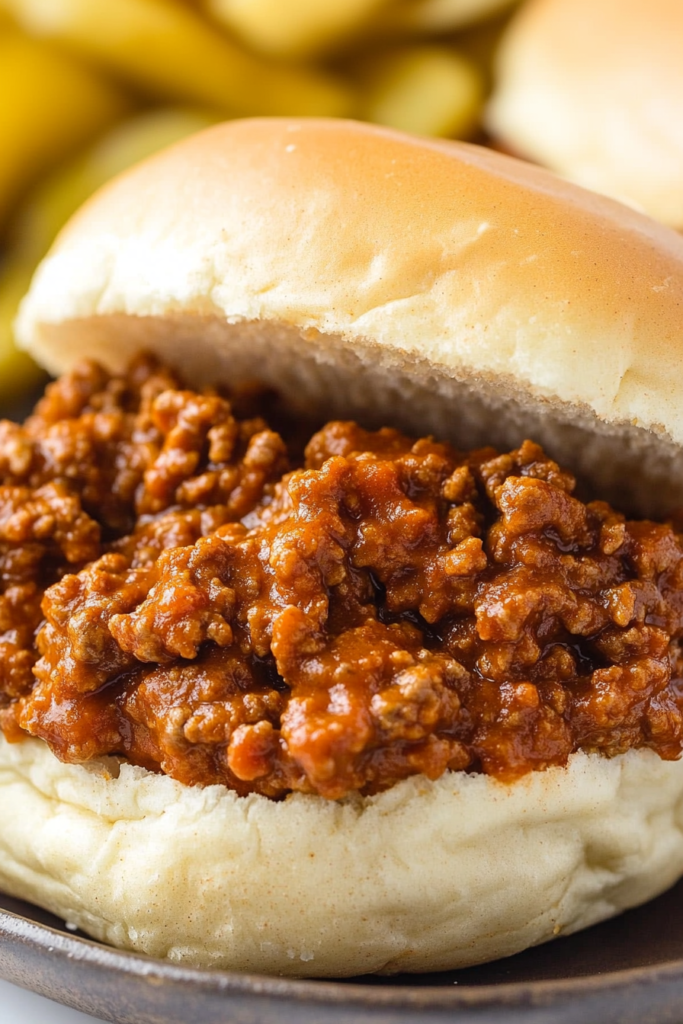 Soft hamburger bun filled with hearty beef mixture, served alongside pickles.