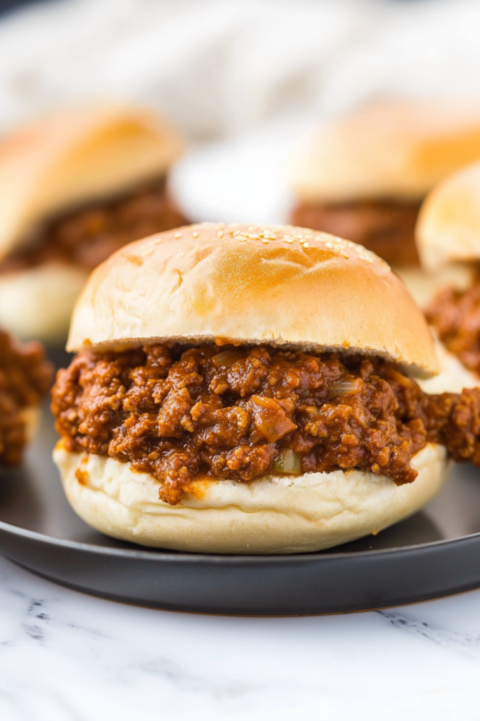 Final plated shot highlighting the saucy ground beef spilling from a toasted bun.