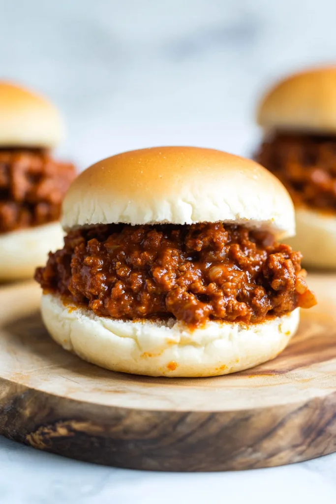 Close-up of a Sloppy Joe sandwich with seasoned ground beef in a rich tomato sauce.