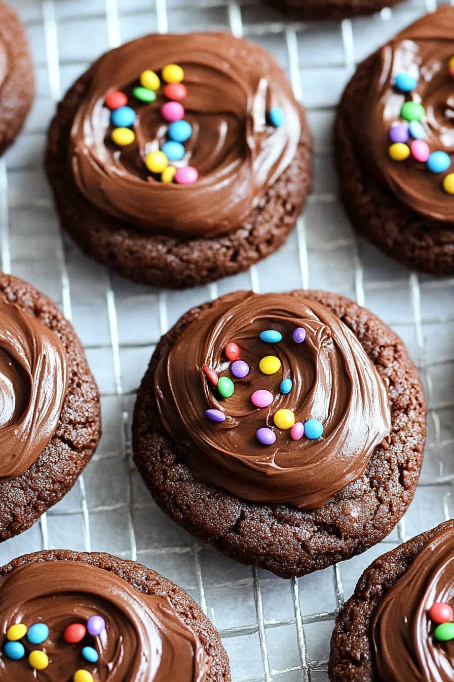 Freshly baked Cosmic Brownie Cookies topped with swirls of chocolate frosting and rainbow sprinkles.