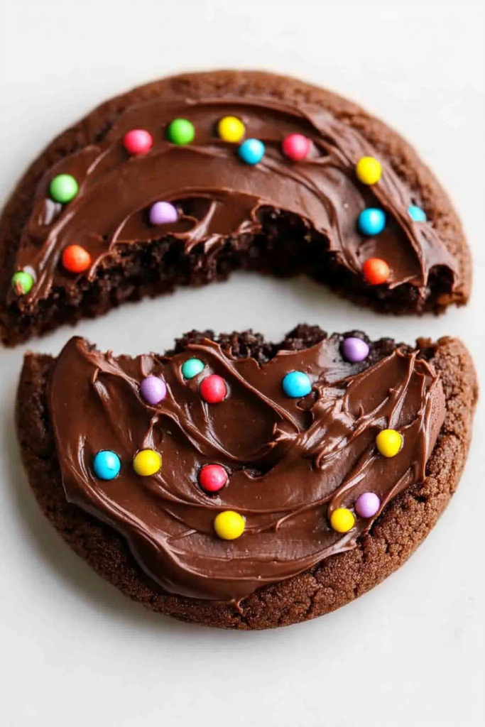 Close-up of a fudgy cookie showing its cracked edges and vibrant sprinkle topping.