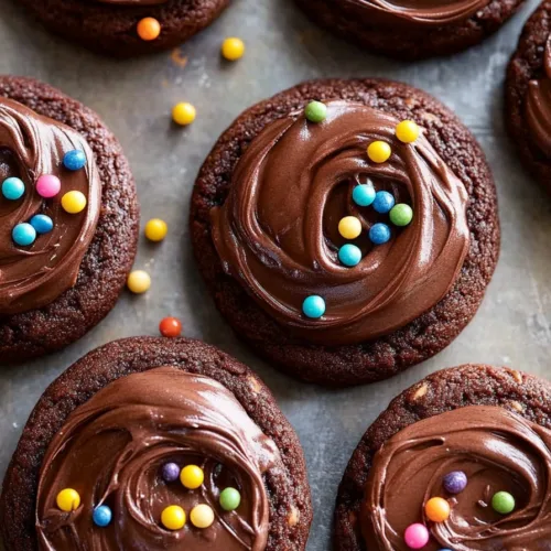 Rows of rich chocolate cookies with glossy icing and colorful candy dots.