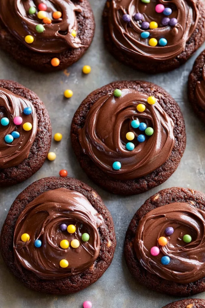 Rows of rich chocolate cookies with glossy icing and colorful candy dots.