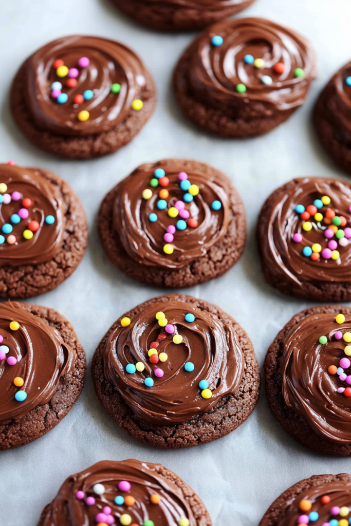A batch of frosted chocolate cookies cooling on parchment paper, decorated with bright rainbow sprinkles.