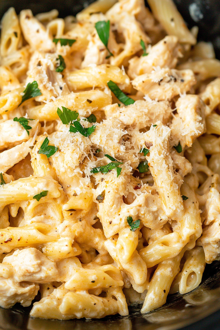 Close-up of tender chicken and penne pasta coated in a rich garlic Parmesan sauce.