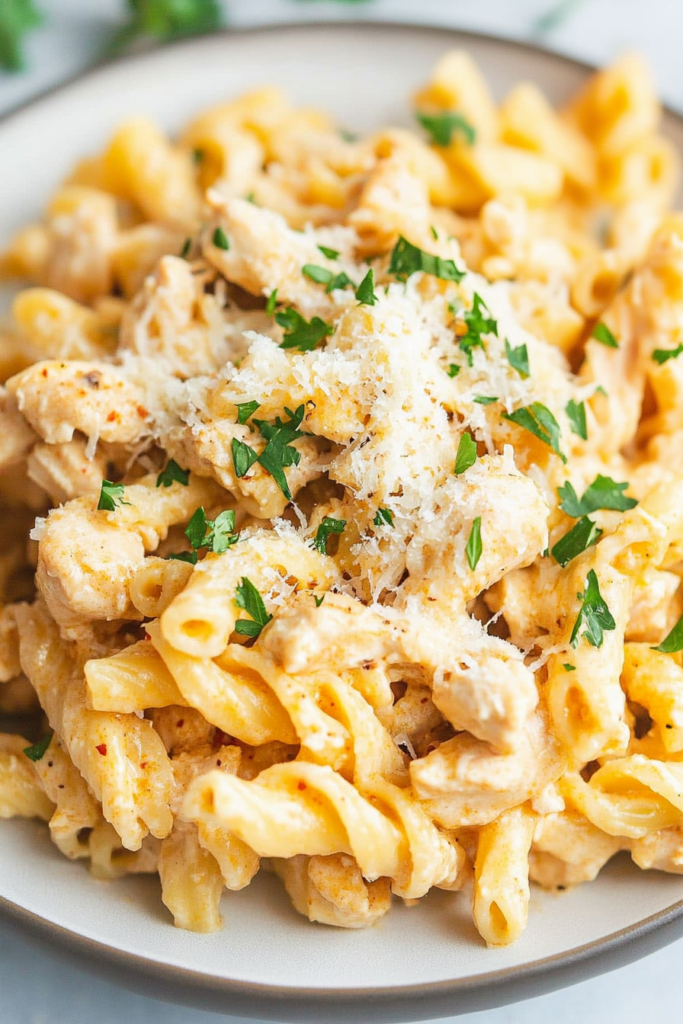 Hearty bowl of garlic Parmesan chicken pasta with cheesy, creamy texture.