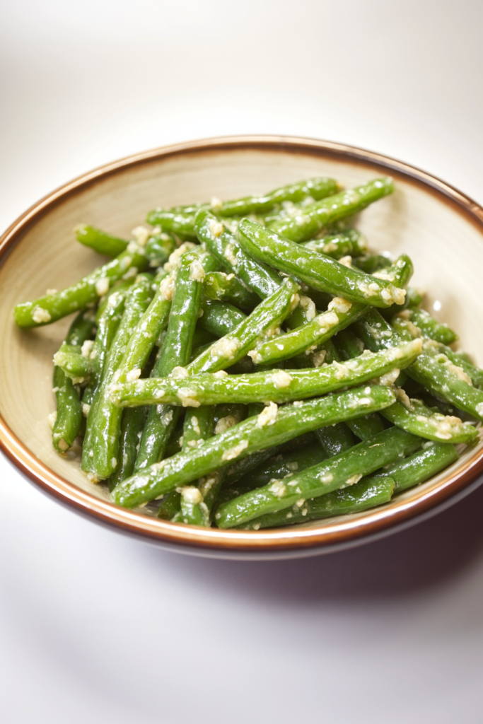 Tender green beans coated in garlicky oil with a simple finish.