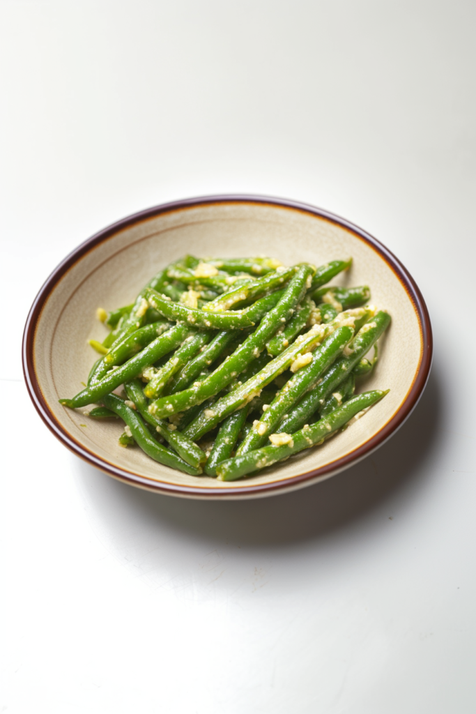 Restaurant-style green beans with minced garlic and a silky texture.
