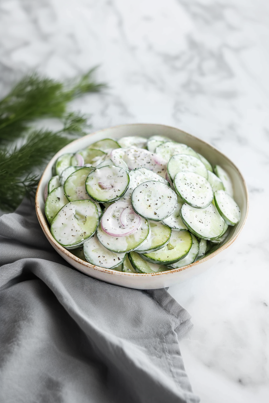 Thinly sliced cucumbers and red onion coated in a creamy dressing, served in a rustic bowl.