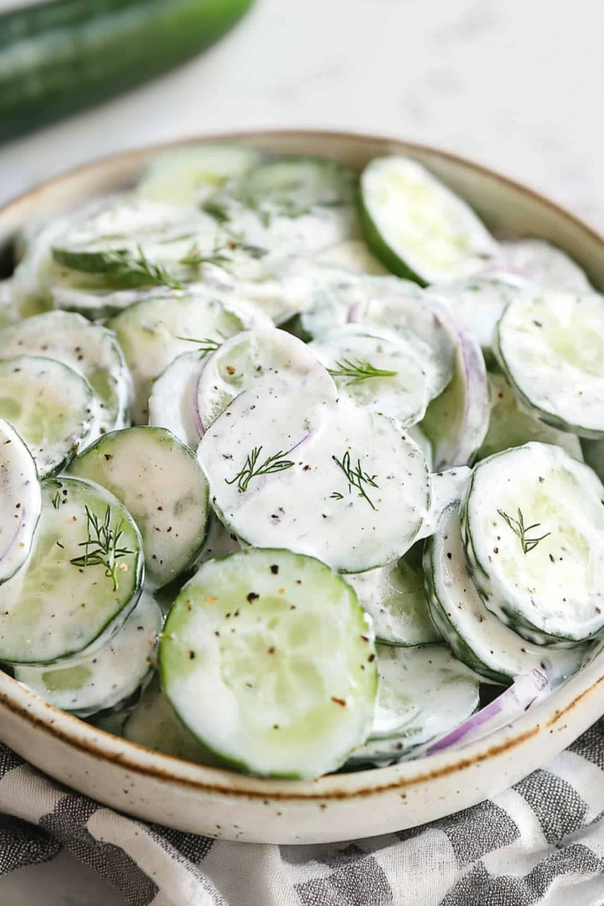 Close-up of cucumber salad with creamy dressing, garnished with dill sprigs on a checkered cloth.